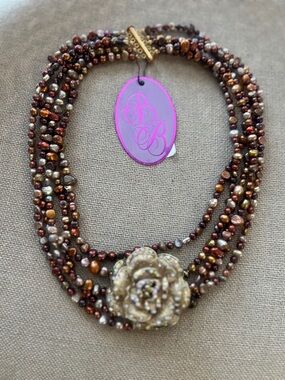 Multi-Strand Beaded Necklace with Floral Pendant - Brown & Gold
